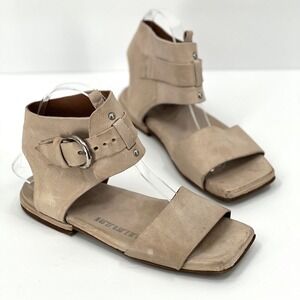 A.S.98 Sandals Women 38 Tan Leather Buckle Ankle Strap Square Toe Flat Gladiator